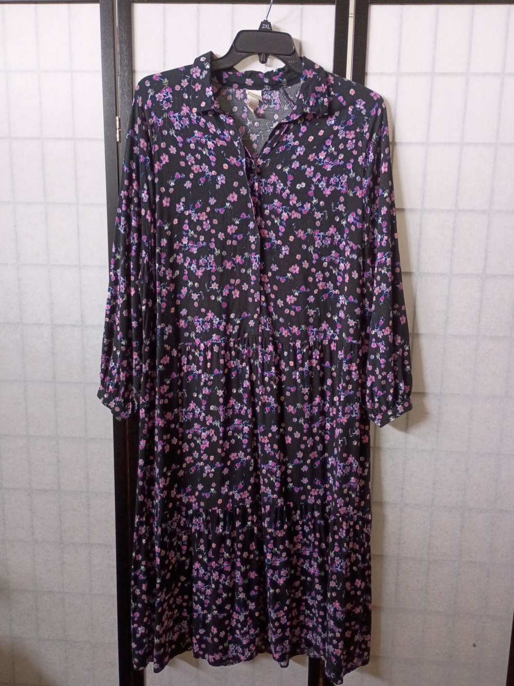 H&M Black Long-Sleeve Floral Tiered Midi Dress - Purple & Pink